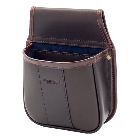 Dark brown leather cartridge pouch holds up to 50 x 12 gauge shells navy suede lining.