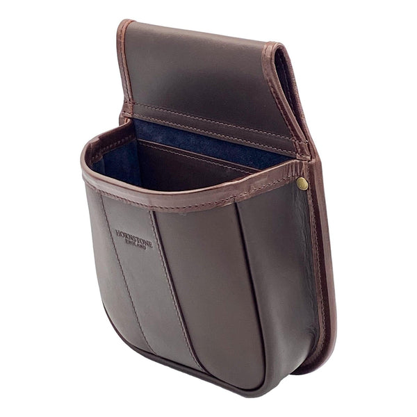 Dark brown leather cartridge pouch holds up to 50 x 12 gauge shells navy suede lining.