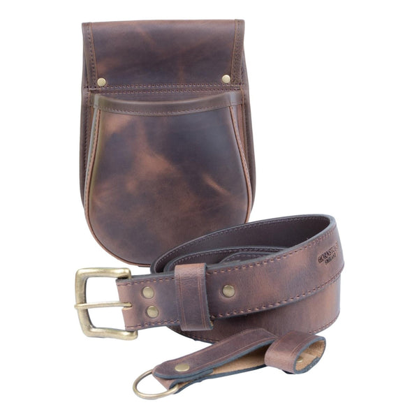 Leather shotgun Cartridge Pannier Pouch Old brown style leather and Matching belt size large ex demo