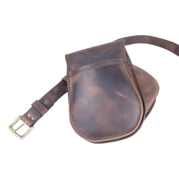 Leather shotgun Cartridge Pannier Pouch Old brown style leather and Matching belt size large ex demo