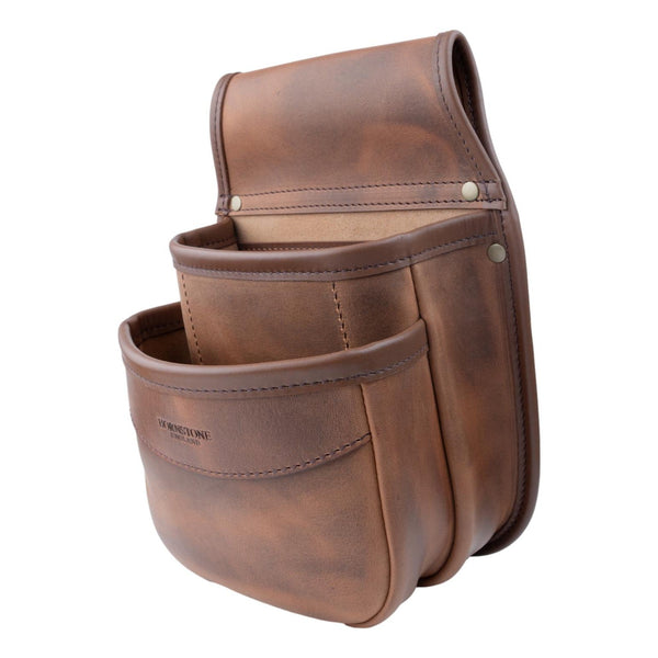 Double Pocket Shotgun Cartridge Pouch Spiced Tan Distressed Leather. RGB/DP