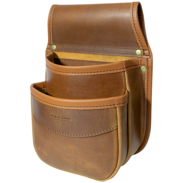 Double Pocket Shotgun Cartridge Pouch Spiced Tan Distressed Leather. RGB/DP