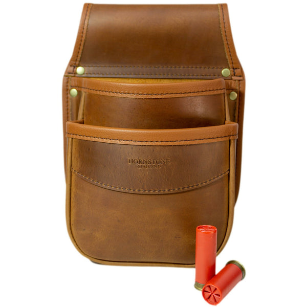 Double Pocket Shotgun Cartridge Pouch Spiced Tan Distressed Leather. RGB/DP