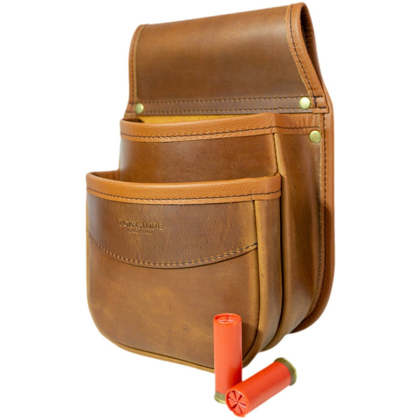 Double Pocket Shotgun Cartridge Pouch Spiced Tan Distressed Leather. RGB/DP